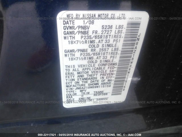 JN8AZ18W89W115159 - 2009 NISSAN MURANO S/SL/LE BLUE photo 9