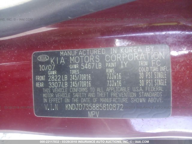 KNDJD735885810872 - 2008 KIA SORENTO EX/LX MAROON photo 9