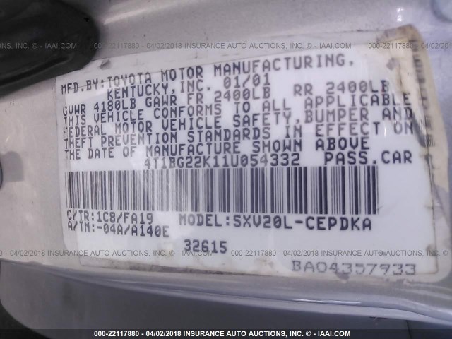 4T1BG22K11U054332 - 2001 TOYOTA CAMRY CE/LE/XLE SILVER photo 9