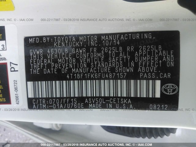 4T1BF1FK6FU487157 - 2015 TOYOTA CAMRY LE/XLE/SE/XSE WHITE photo 9