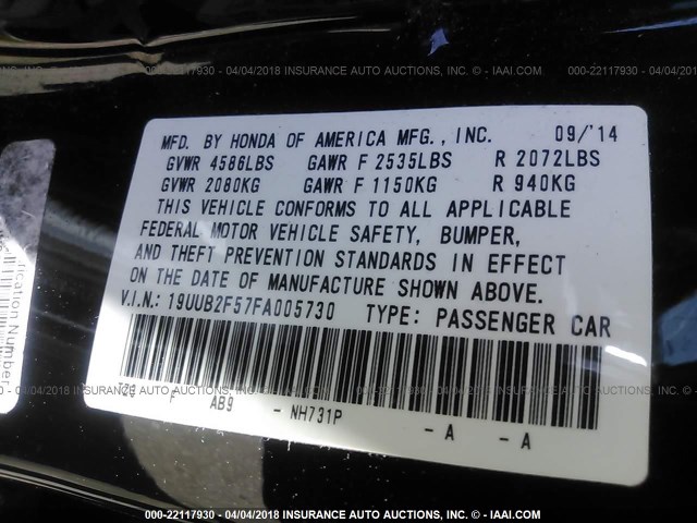 19UUB2F57FA005730 - 2015 ACURA TLX TECH BLACK photo 9