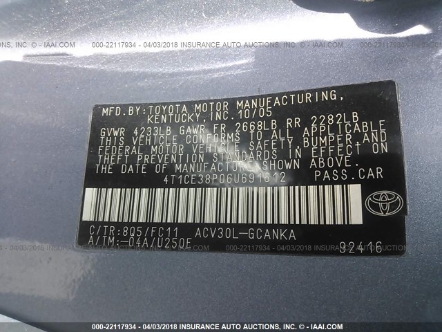 4T1CE38P06U691612 - 2006 TOYOTA CAMRY SOLARA SE/SLE 浅蓝色 照片 9