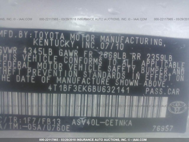 4T1BF3EK6BU632141 - 2011 TOYOTA CAMRY SE/LE/XLE SILVER photo 9