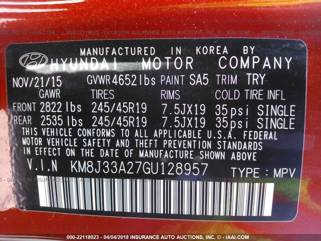 KM8J33A27GU128957 - 2016 HYUNDAI TUCSON LIMITED/SPORT AND ECO/SE ORANGE photo 9