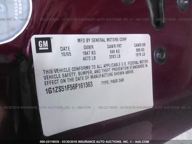 1G1ZS51F56F161363 - 2006 CHEVROLET MALIBU LS 栗色 照片 9