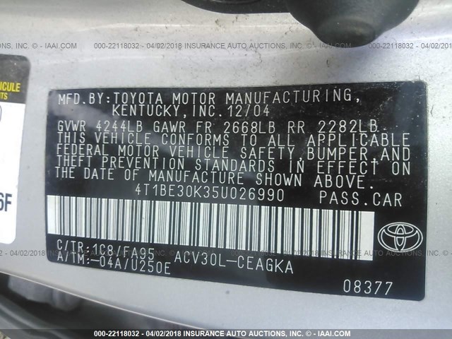 4T1BE30K35U026990 - 2005 TOYOTA CAMRY LE/XLE/SE SILVER photo 9