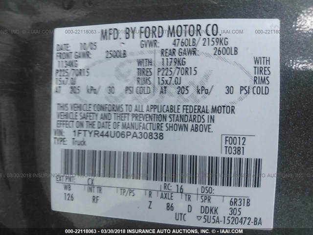 1FTYR44U06PA30838 - 2006 FORD RANGER SUPER CAB GRAY photo 9