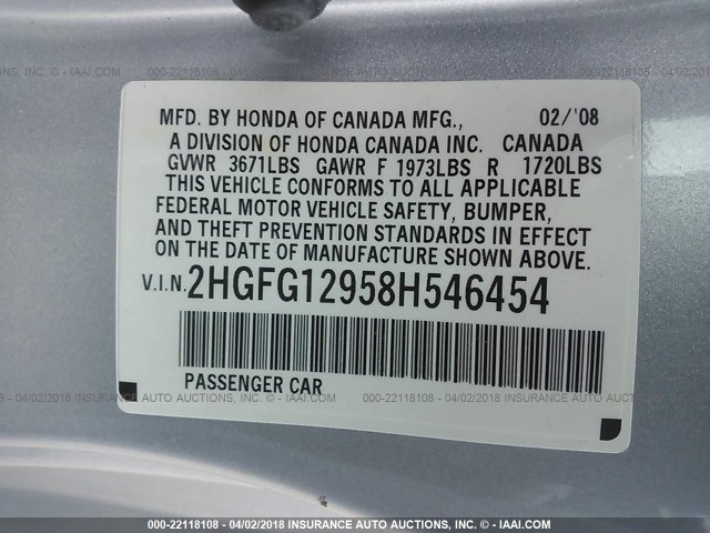 2HGFG12958H546454 - 2008 HONDA CIVIC EXL GRAY photo 9