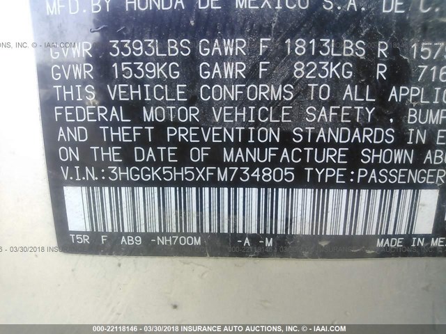 3HGGK5H5XFM734805 - 2015 HONDA FIT LX SILVER photo 9