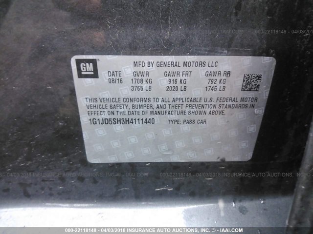 1G1JD5SH3H4111440 - 2017 CHEVROLET SONIC LT GRAY photo 9