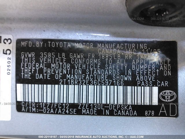 2T1BR32E36C597166 - 2006 TOYOTA COROLLA CE/LE/S SILVER photo 9