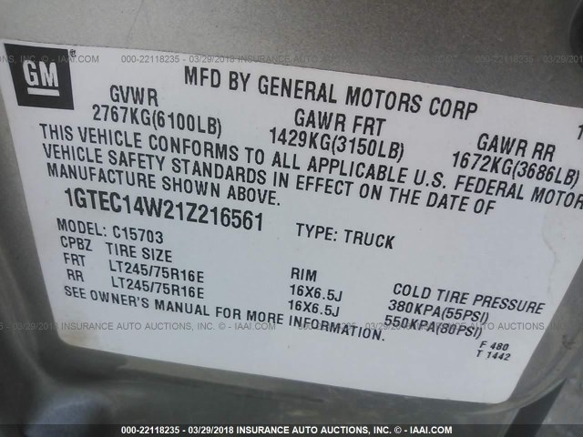 1GTEC14W21Z216561 - 2001 GMC NEW SIERRA C1500 GRAY photo 9