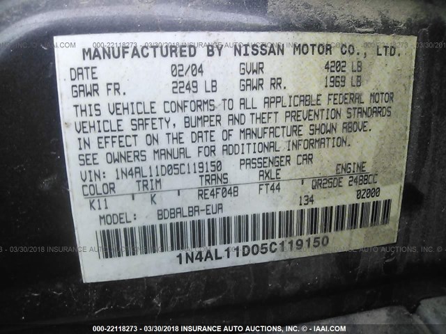 1N4AL11D05C119150 - 2005 NISSAN ALTIMA S/SL GRAY photo 9