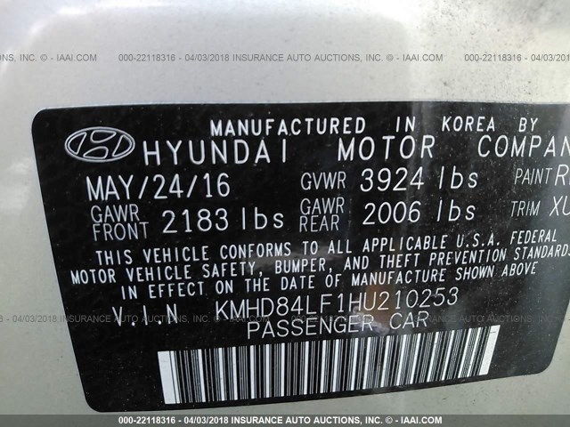 KMHD84LF1HU210253 - 2017 HYUNDAI ELANTRA SE/VALUE/LIMITED GRAY photo 9