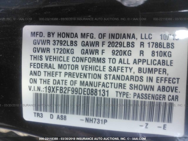 19XFB2F99DE088131 - 2013 HONDA CIVIC EXL BLACK photo 9