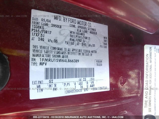 1FMRU15W64LB66389 - 2004 FORD EXPEDITION XLT 栗色 照片 9