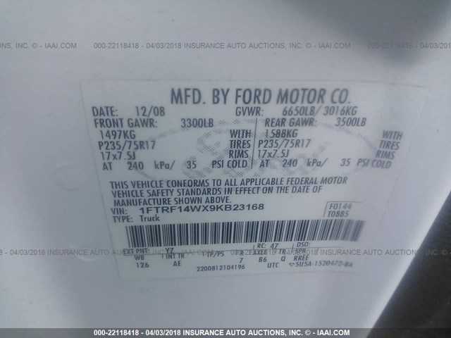 1FTRF14WX9KB23168 - 2009 FORD F150 WHITE photo 9