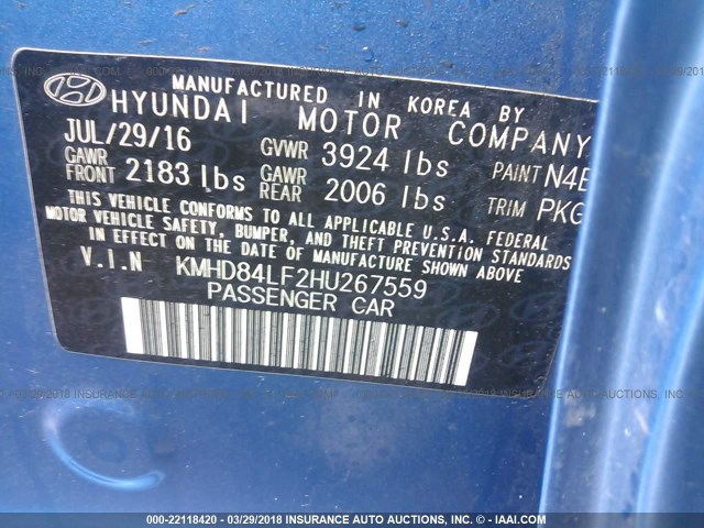 KMHD84LF2HU267559 - 2017 HYUNDAI ELANTRA SE/VALUE/LIMITED BLUE photo 9