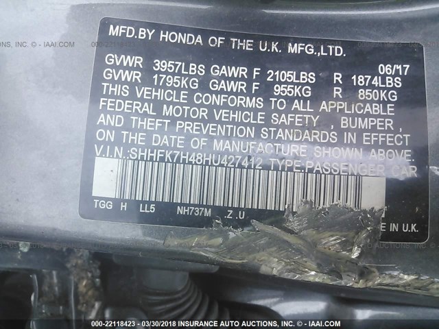 SHHFK7H48HU427412 - 2017 HONDA CIVIC SPORT Grau Foto 9