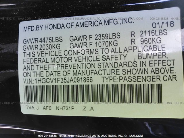 1HGCV1F35JA091866 - 2018 HONDA ACCORD SPORT შავი ფოტო 9