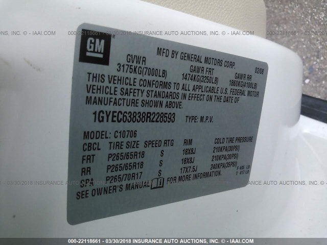 1GYEC63838R228593 - 2008 CADILLAC ESCALADE LUXURY Ağ foto 9