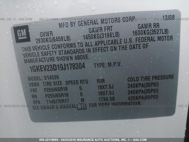 1GKEV23D19J178304 - 2009 GMC ACADIA SLT-1 Biały zdjęcie 9