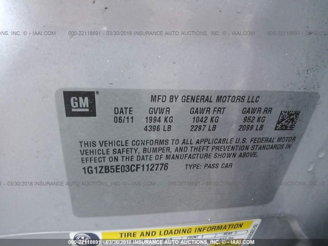 1G1ZB5E03CF112776 - 2012 CHEVROLET MALIBU LS 银色 照片 9