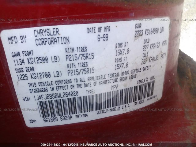 1J4FJ68S6WL264020 - 1998 JEEP CHEROKEE SPORT/CLASSIC წითელი ფოტო 9