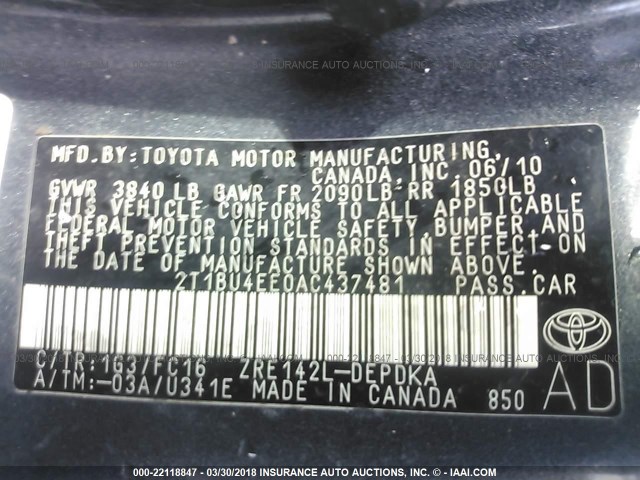 2T1BU4EE0AC437481 - 2010 TOYOTA COROLLA S/LE/XLE GRAY photo 9