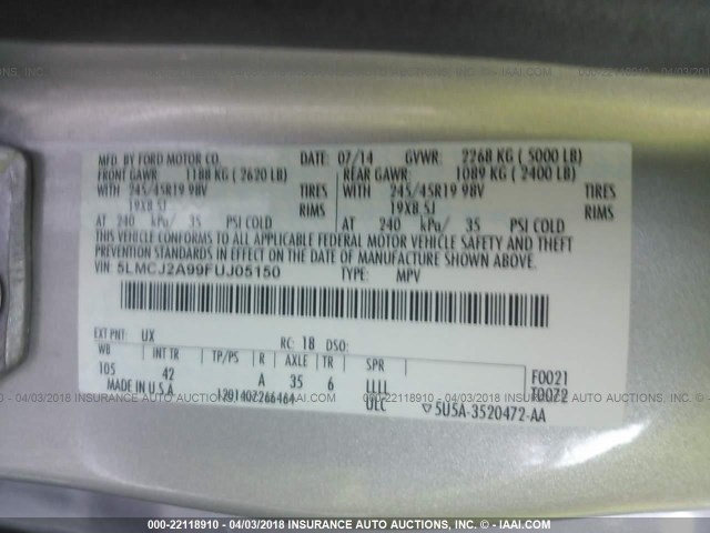 5LMCJ2A99FUJ05150 - 2015 LINCOLN MKC SILVER photo 9