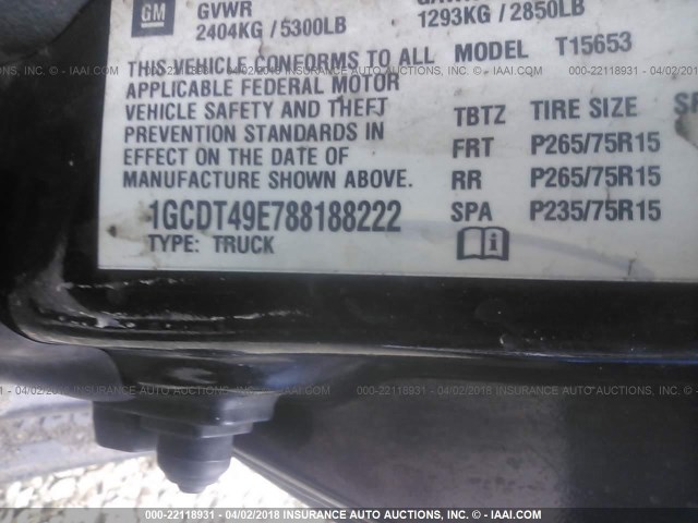 1GCDT49E788188222 - 2008 CHEVROLET COLORADO LT BLACK photo 9