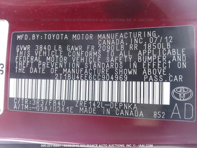 2T1BU4EE6CC904969 - 2012 TOYOTA COROLLA S/LE RED photo 9