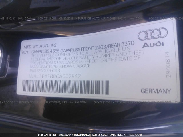 WAULFAFR8CA002842 - 2012 AUDI A5 PREMIUM PLUS BLACK photo 9