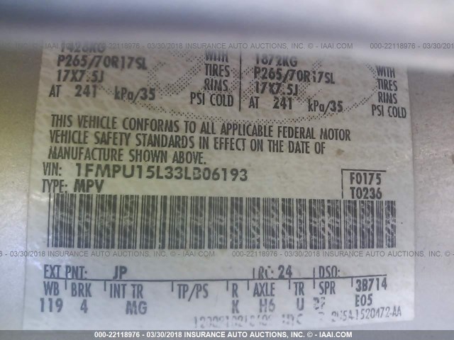 1FMPU15L33LB06193 - 2003 FORD EXPEDITION XLT 银色 照片 9