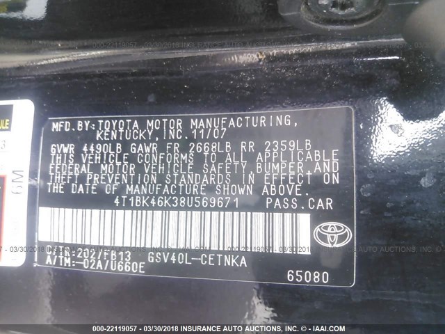 4T1BK46K38U569671 - 2008 TOYOTA CAMRY LE/XLE/SE Qara foto 9
