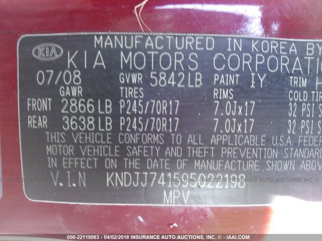 KNDJJ741595022198 - 2009 KIA BORREGO LX/EX RED photo 9