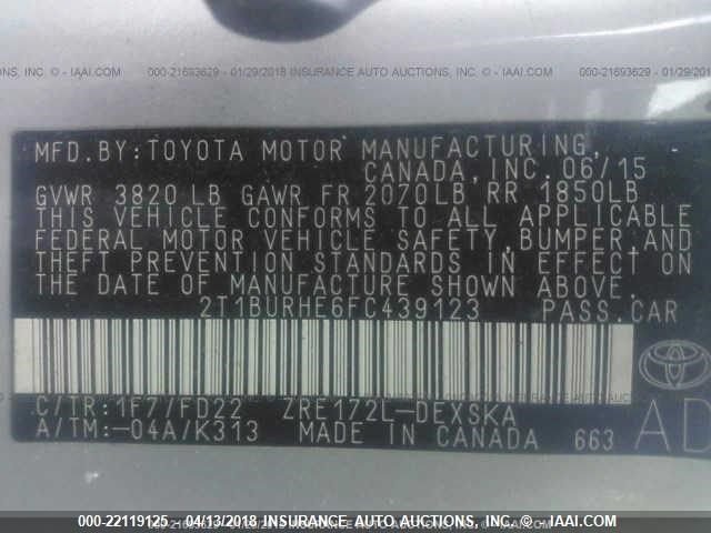 2T1BURHE6FC439123 - 2015 TOYOTA COROLLA L/LE/LE PLS/PRM/S/S PLS SILVER photo 9