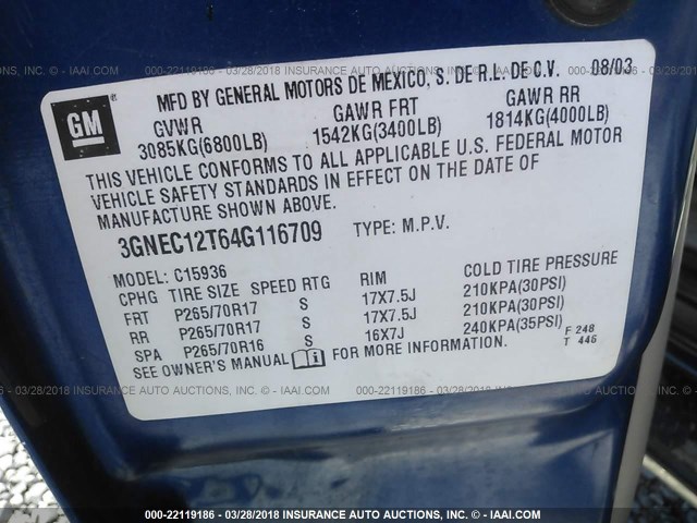 3GNEC12T64G116709 - 2004 CHEVROLET AVALANCHE C1500 BLUE photo 9