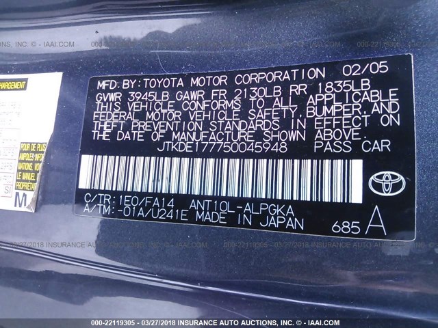 JTKDE177750045948 - 2005 TOYOTA SCION TC 灰色 照片 9