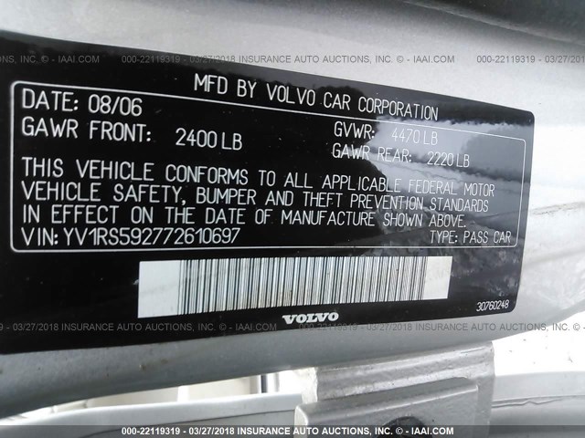 YV1RS592772610697 - 2007 VOLVO S60 2.5T SILVER photo 9
