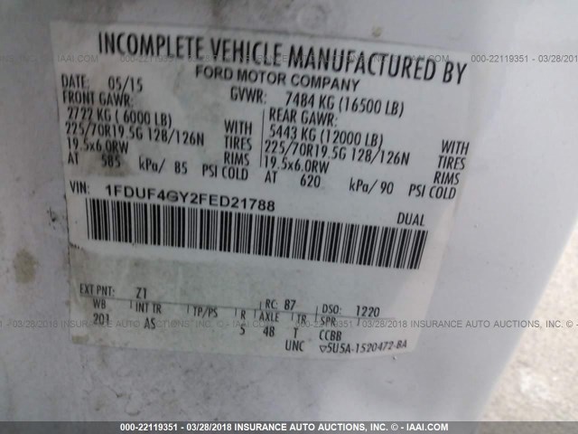 1FDUF4GY2FED21788 - 2015 FORD F450 SUPER DUTY WHITE photo 10