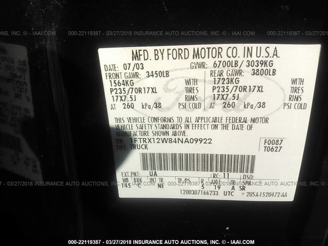 1FTRX12W84NA09922 - 2004 FORD F150 BLACK photo 9