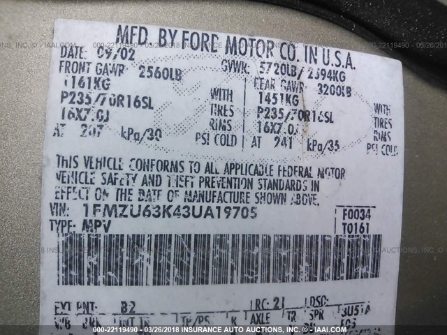 1FMZU63K43UA19705 - 2003 FORD EXPLORER XLT/XLT SPORT/NBX 金色 照片 9