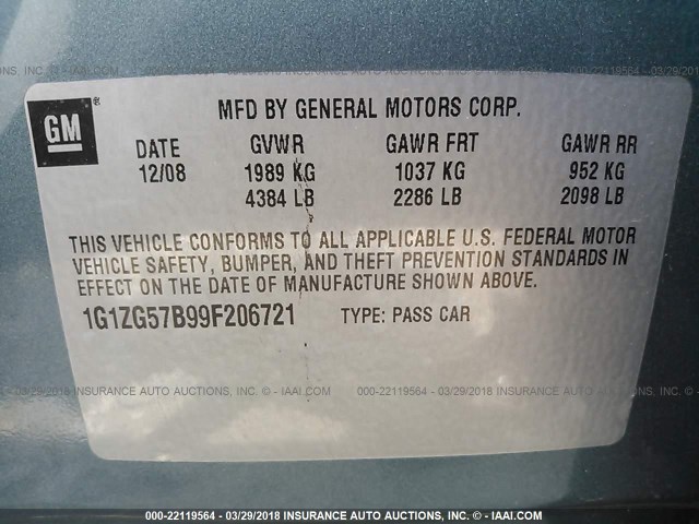 1G1ZG57B99F206721 - 2009 CHEVROLET MALIBU LS 绿色 照片 9