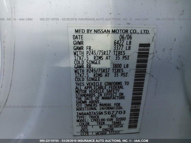 1N6AA07A56N567703 - 2006 NISSAN TITAN XE/SE/LE WHITE photo 9