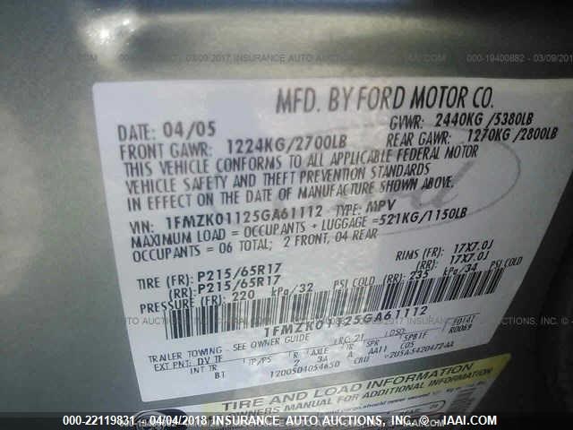 1FMZK01125GA61112 - 2005 FORD FREESTYLE SE GREEN photo 9