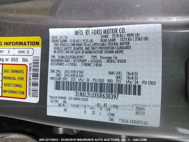 3LN6L2LUXGR630397 - 2016 LINCOLN MKZ HYBRID GRAY photo 9