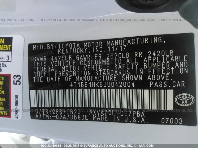 4T1B61HK6JU042004 - 2018 TOYOTA CAMRY XSE WHITE photo 9