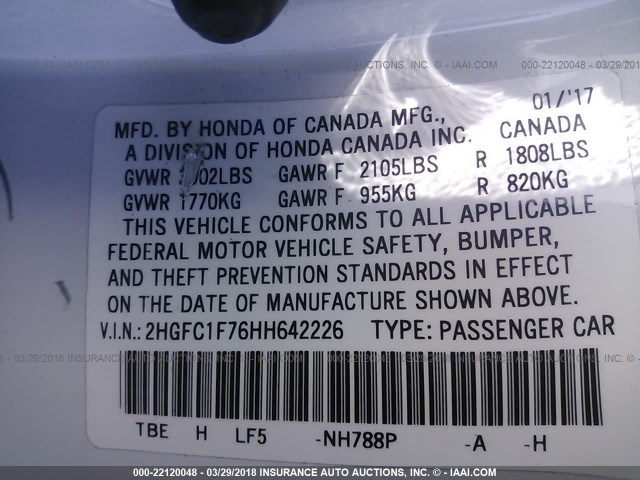 2HGFC1F76HH642226 - 2017 HONDA CIVIC EXL WHITE photo 9