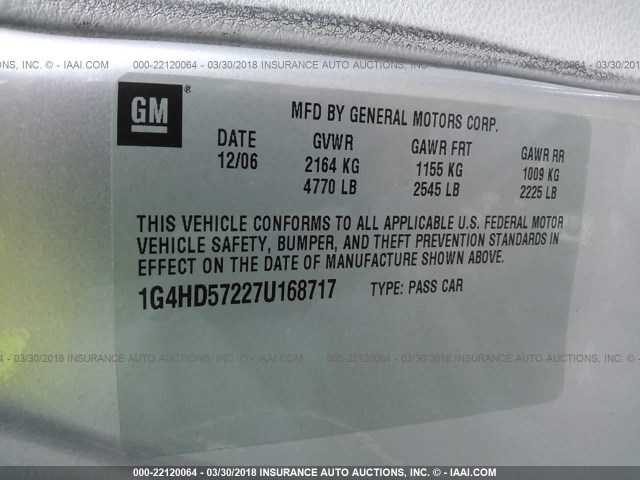 1G4HD57227U168717 - 2007 BUICK LUCERNE CXL GRAY photo 9